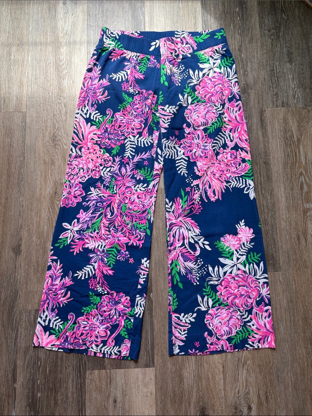 Lilly Pulitzer Wide-Leg Pants - Navy with Pink and Green Floral Print